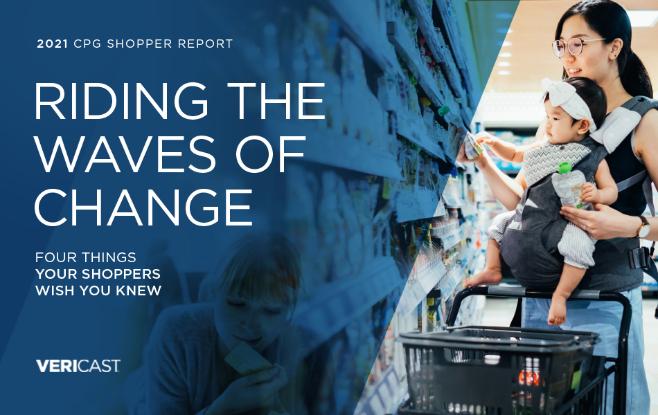 CPG Shopper Report cover page - Riding the waves of change headline with mom carrying baby while grocery shopping